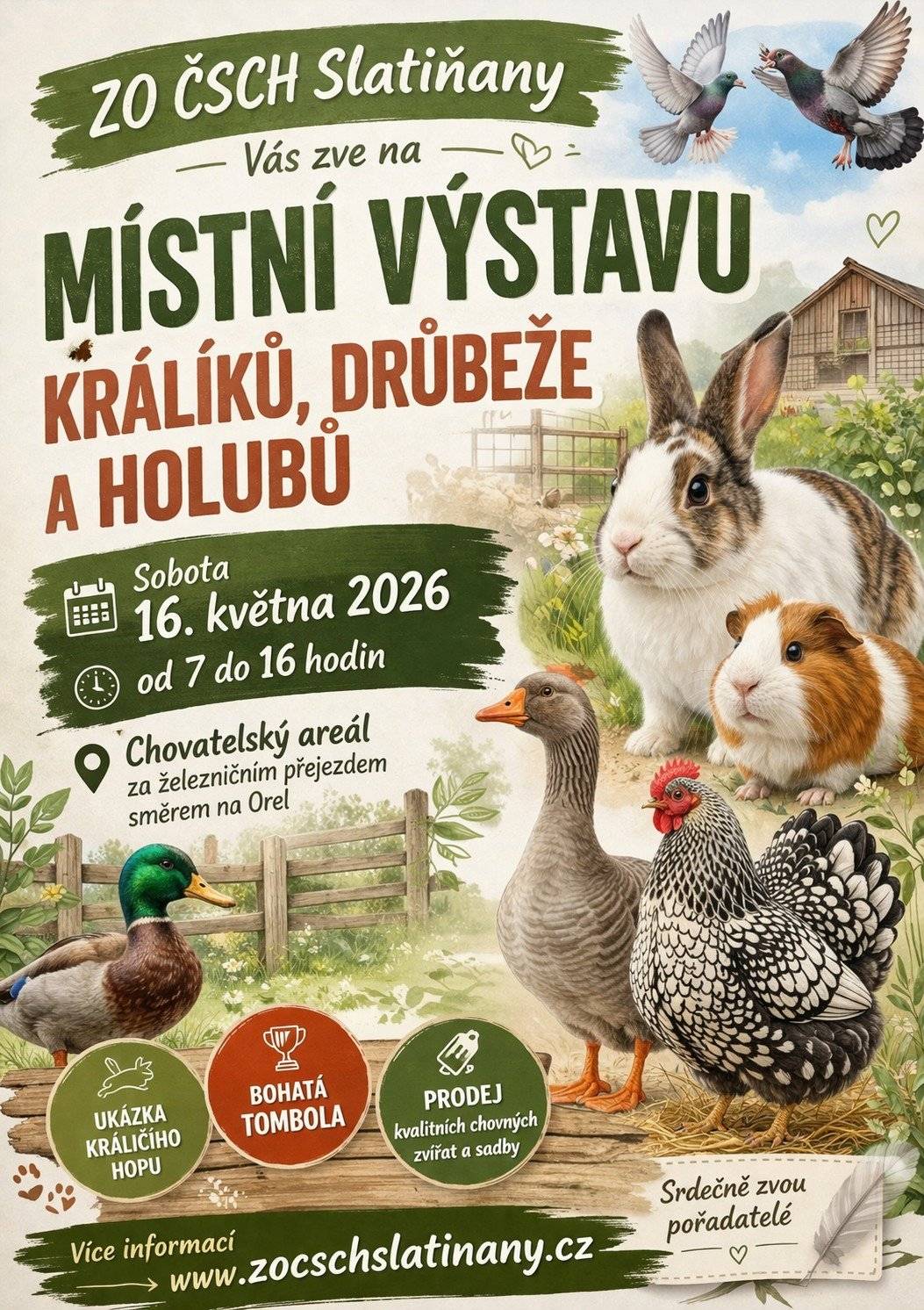 Přijďte si užít příjemnou sobotu mezi chovateli, zvířaty a přátelskou atmosférou 😊 Čeká Vás přehlídka krásných chovatelských zvířat, ukázka králičího hopu, bohatá tombola i možnost zakoupení kvalitních chovných zvířat a sadby. 📅 Sobota 16. května 2026 🕖 7:00–16:00 📍 Chovatelský areál za železničním přejezdem směrem na Orel, Slatiňany 🎟️ Akce je vhodná pro celé rodiny i všechny milovníky zvířat. Těší se na Vás pořadatelé ZO ČSCH Slatiňany ❤️