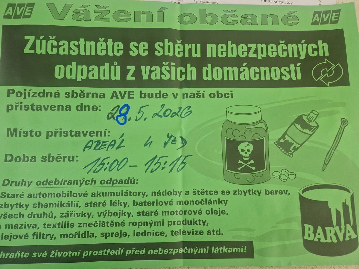 Velkoobjemový odpad je možné odkládat do velkého MODRÉHO kontejneru u buněk OU na JZD. Nebezpečný odpad bude odvážet společnost AVE 28.5.2026 také od tam. Neodkládejte tam odpad dopředu!!!