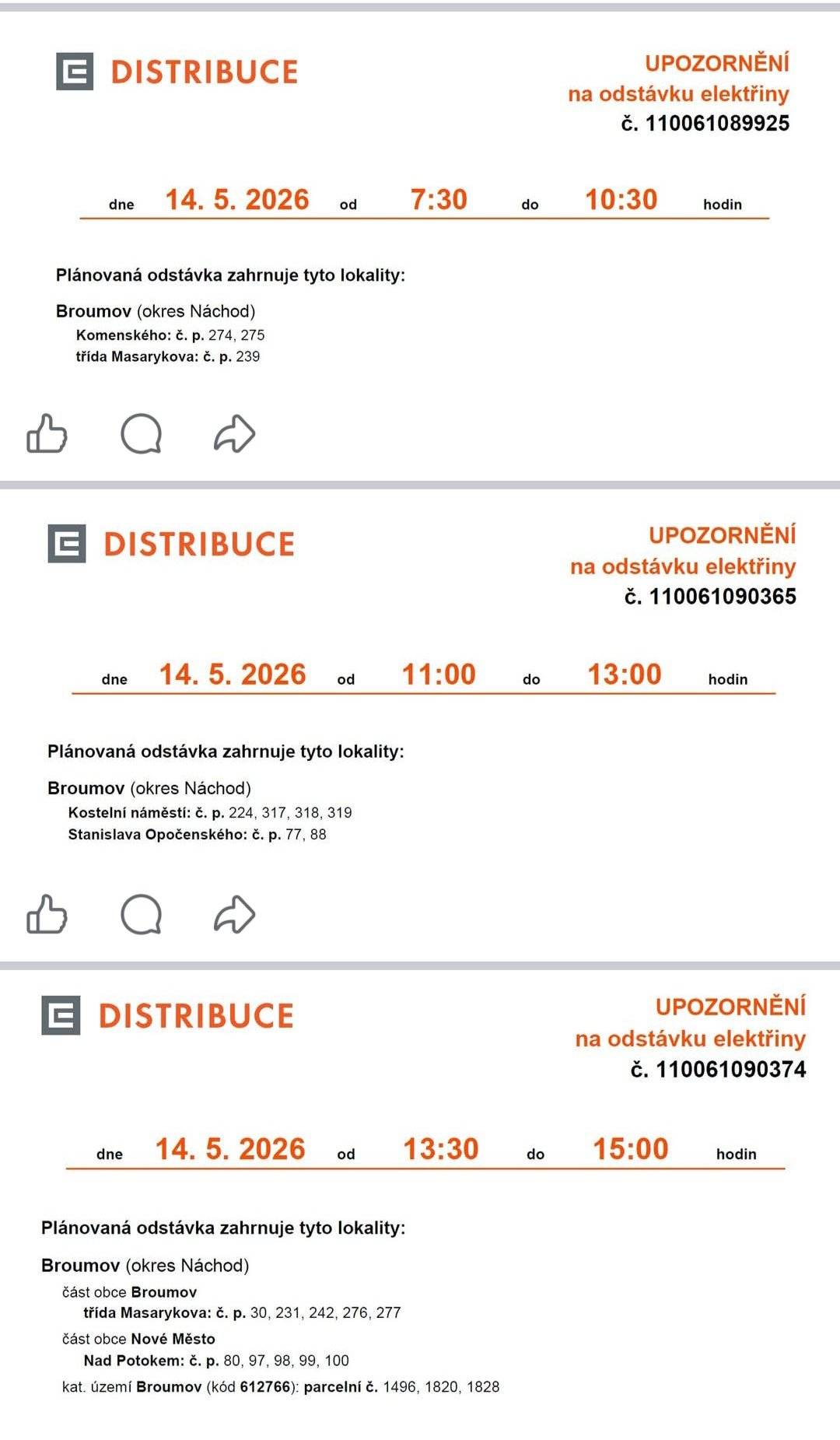 Předáváme informace o odstávkách elekřiny dne 14.05.2026.