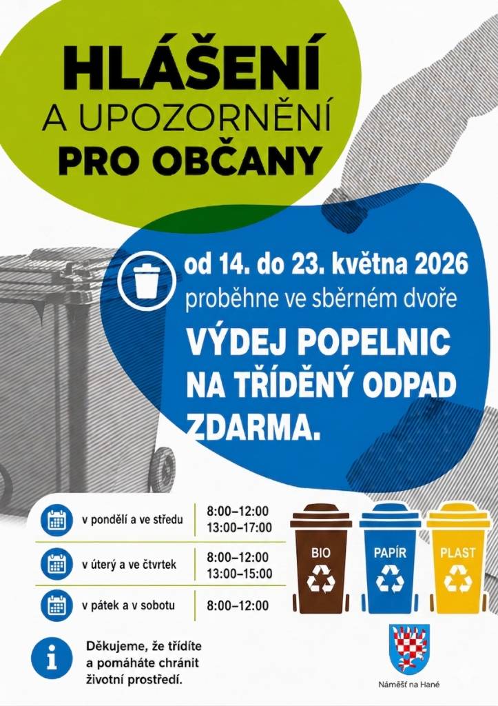 Sběrné místo v Náměšti na Hané má stanovenou otevírací dobu pro třídění odpadu. V pondělí a ve středu je otevřeno od 8:00 do 12:00 a od 13:00 do 17:00. V úterý a čtvrtek pak od 13:00 do 15:00, zatímco pátek a sobota nabízejí možnost od 8:00 do 12:00.
