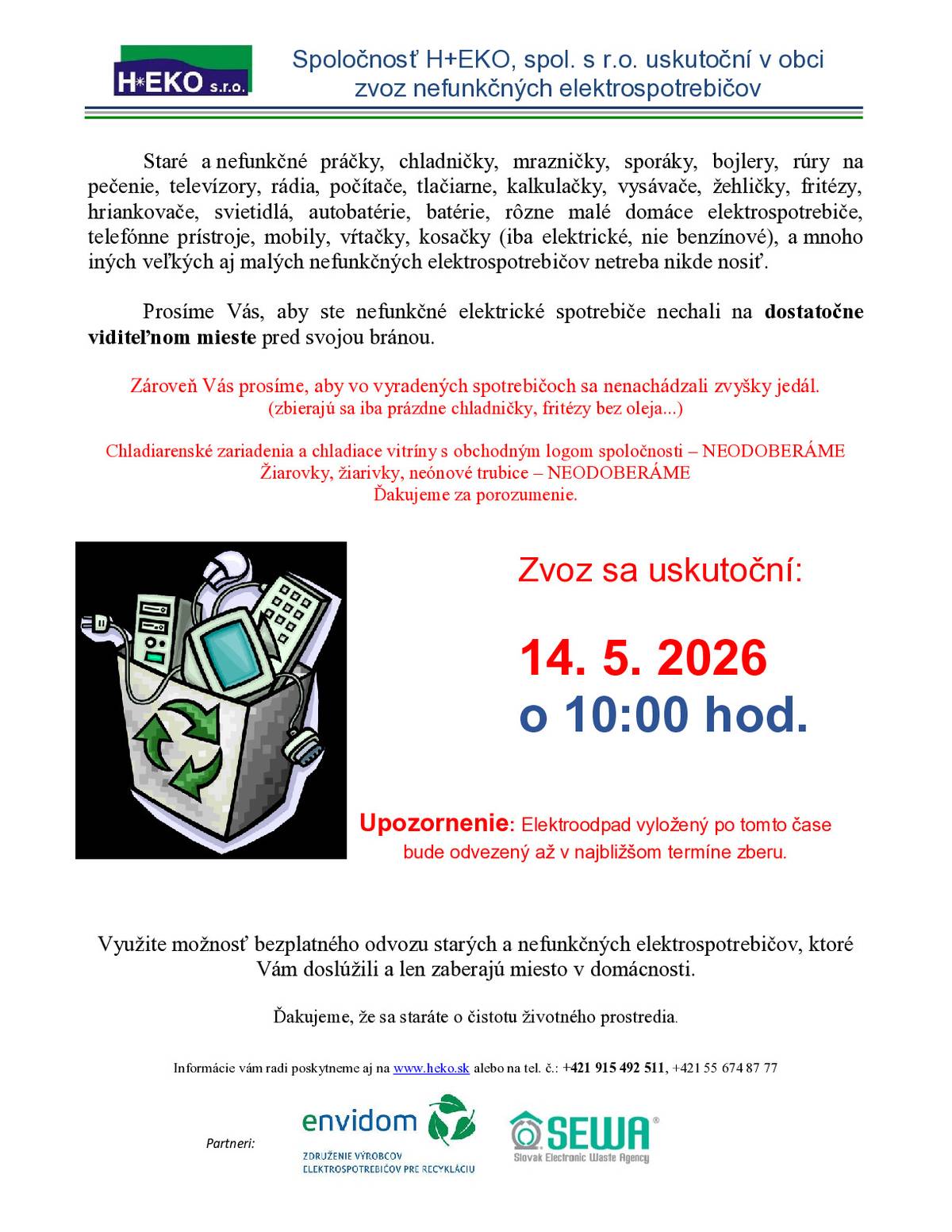 Elektroodpad - zber 14.5.2026 o 10.00 hod.