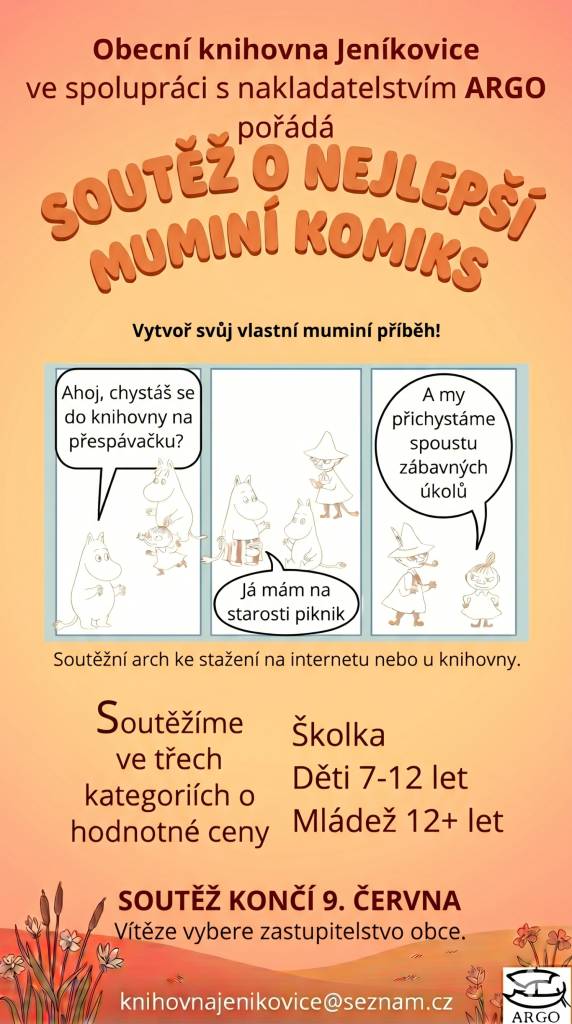 V rámci Slunovratu v Muminím údolí, pořádaného knihovnou 19.6.2026, je vyhlášena soutěž o nejlepší muminí komiks. Odkaz na soutěžní arch:   https://drive.google.com/file/d/1EQ9uIGavWFvV7a3wFLQKJpuHnj9HTwSM/view?usp=sharing