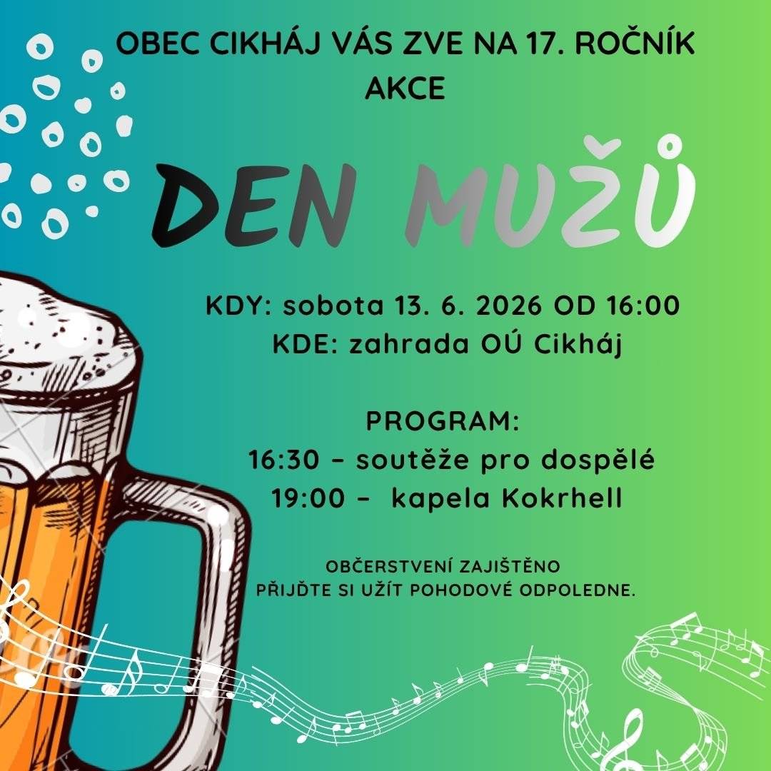 Obec Cikháj Vás zve na 17. ročník akce DEN MUŽŮ 13.6.2026 od 16:00 zahrada OÚ Cikháj