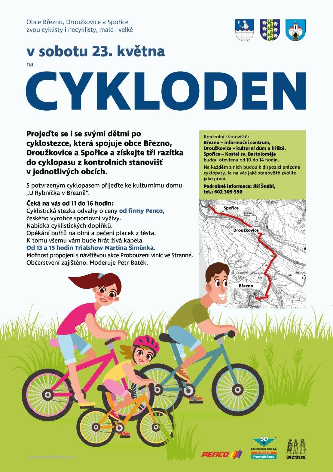 🚴♀️ CYKLODEN JE TADY! 🚴♂️ Obce Březno, Droužkovice a Spořice vás srdečně zvou v sobotu 23. května na oblíbený Cykloden pro malé i velké cyklisty i necyklisty. 🌞 Vydejte se s dětmi po cyklostezce spojující naše obce, navštivte kontrolní stanoviště a získejte tři razítka do cyklopasu. S potvrzeným cyklopasem dorazte ke kulturnímu domu „U Rybníčka v Březně“, kde na vás čeká od 11 do 16 hodin skvělý program. Přijeďte si užít pohodový den plný pohybu, zábavy a společných zážitků. Těšíme se na vás! 💙
