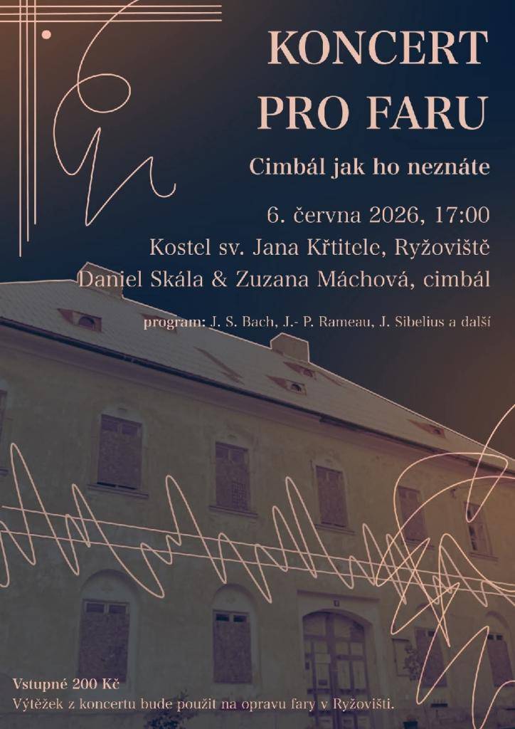 V sobotu 6. června 2026 se uskuteční koncert pro farnost v kostele sv. Jana Křtitele v Ryžovišti od 17:00 hodin.