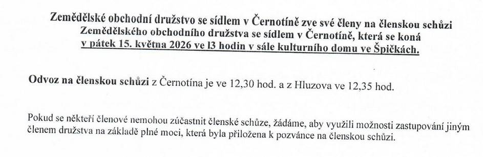 ZOD Černotín zve své členy na členskou schůzi, která se koná v pátek 15. května 2026 od 13 hodin v sále kulturního domu ve Špičkách.