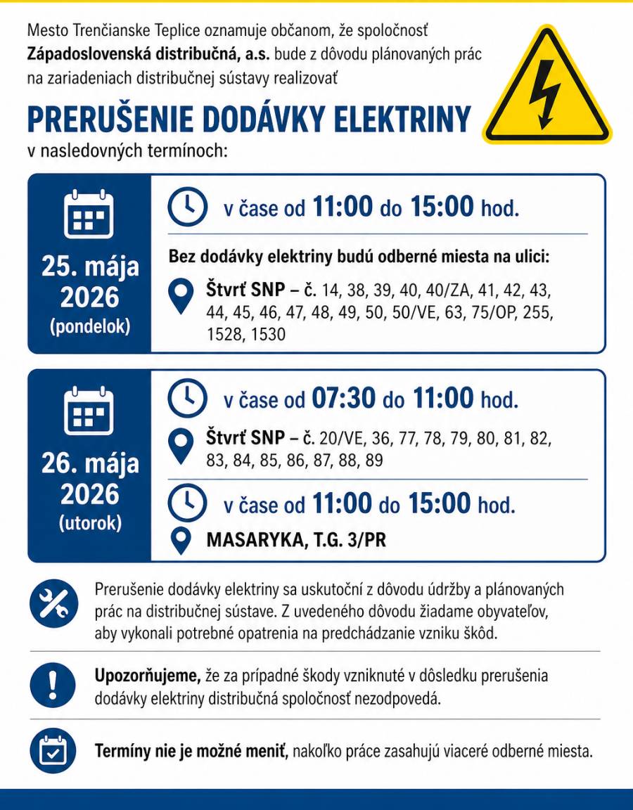 Mesto Trenčianske Teplice oznamuje občanom, že spoločnosť Západoslovenská distribučná, a.s. bude z dôvodu plánovaných prác na zariadeniach distribučnej sústavy realizovať prerušenie dodávky elektriny v nasledovných termínoch: 25. mája 2026 (pondelok) v čase od 11:00 do 15:00 hod. Bez dodávky elektriny budú odberné miesta na ulici: Štvrť SNP – č. 14, 38, 39, 40, 40/ZA, 41, 42, 43, 44, 45, 46, 47, 48, 49, 50, 50/VE, 63, 75/OP, 255, 1528, 1530 26. mája 2026 (utorok) v čase od 07:30 do 11:00 hod. Štvrť SNP – č. 20/VE, 36, 77, 78, 79, 80, 81, 82, 83, 84, 85, 86, 87, 88, 89 v čase od 11:00 do 15:00 hod. MASARYKA, T.G. 3/PR Prerušenie dodávky elektriny sa uskutoční z dôvodu údržby a plánovaných prác na distribučnej sústave. Z uvedeného dôvodu žiadame obyvateľov, aby vykonali potrebné opatrenia na predchádzanie vzniku škôd. Upozorňujeme, že za prípadné škody vzniknuté v dôsledku prerušenia dodávky elektriny distribučná spoločnosť nezodpovedá. Termíny nie je možné meniť, nakoľko práce zasahujú viaceré odberné miesta.