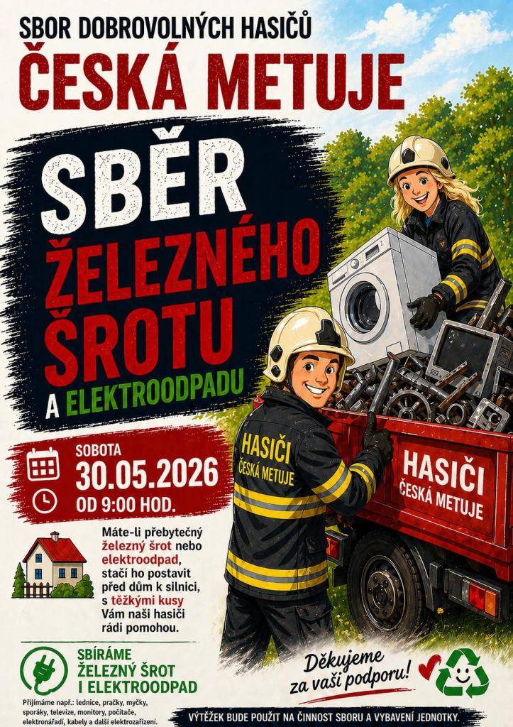 Sbor dobrovolných hasičů pořádá sběr železného šrotu a elektrospotřebičů. Železný šrot můžete připravit před svůj dům, odkud si ho hasiči odvezou. S těžkými kusy Vám pomohou. Obcí budou projíždět postupně.