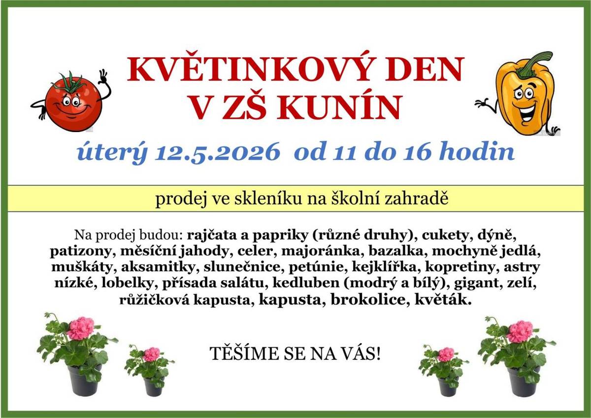 Z důvodu nepříznivé předpovědi počasí bude prodej sazenic probíhat přímo v budově ZŠ – vstup možný žákovským vchodem u tělocvičny.