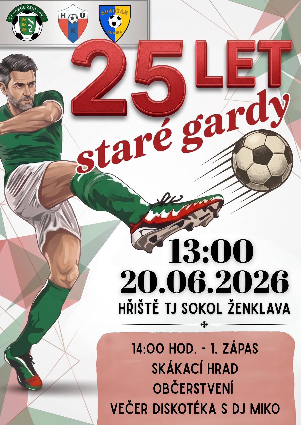 Srdečně zveme všechny fanoušky fotbalu a dobré zábavy na oslavu 25. výročí naší staré gardy! Přijďte s námi oslavit toto čtvrtstoletí sportu a přátelství.   📅 Kdy: Sobota 20. 06. 2026 od 13:00 hod.   📍 Kde: Hřiště TJ Sokol Ženklava   Na co se můžete těšit:   14:00 hod. – 1. zápas   Pro děti: Skákací hrad a spousta místa na vyřádění.   Občerstvení: Jako vždy bohatě zajištěno (jídlo i pití).   Večer: Diskotéka s DJ Miko   Přijďte podpořit naše borce a užít si parádní sobotu na hřišti. Těšíme se na vás! ⚽✨