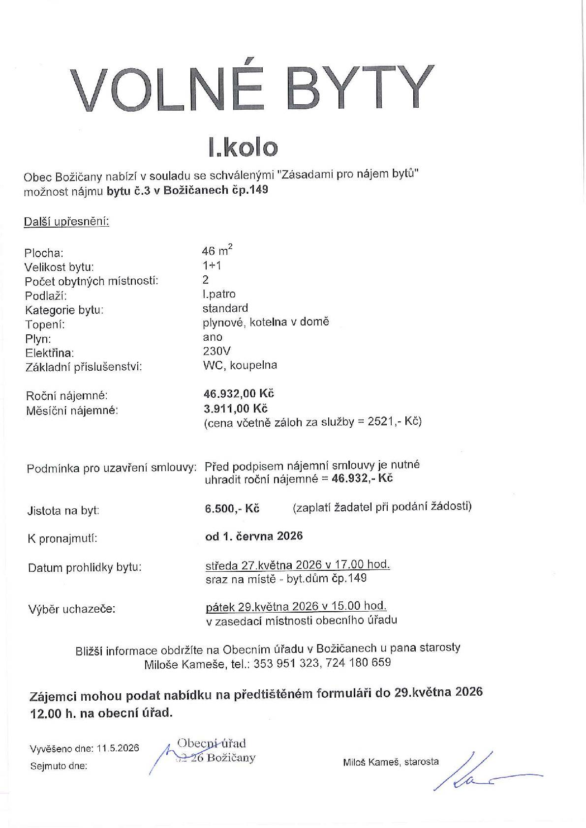 Obec Božičany nabízí k dlouhodobému pronájmu byt o dispozici 1+1, který se nachází v I.patře panelového domu, a to v souladu se "Zásadami pro nájem bytů". Váš obecní úřad