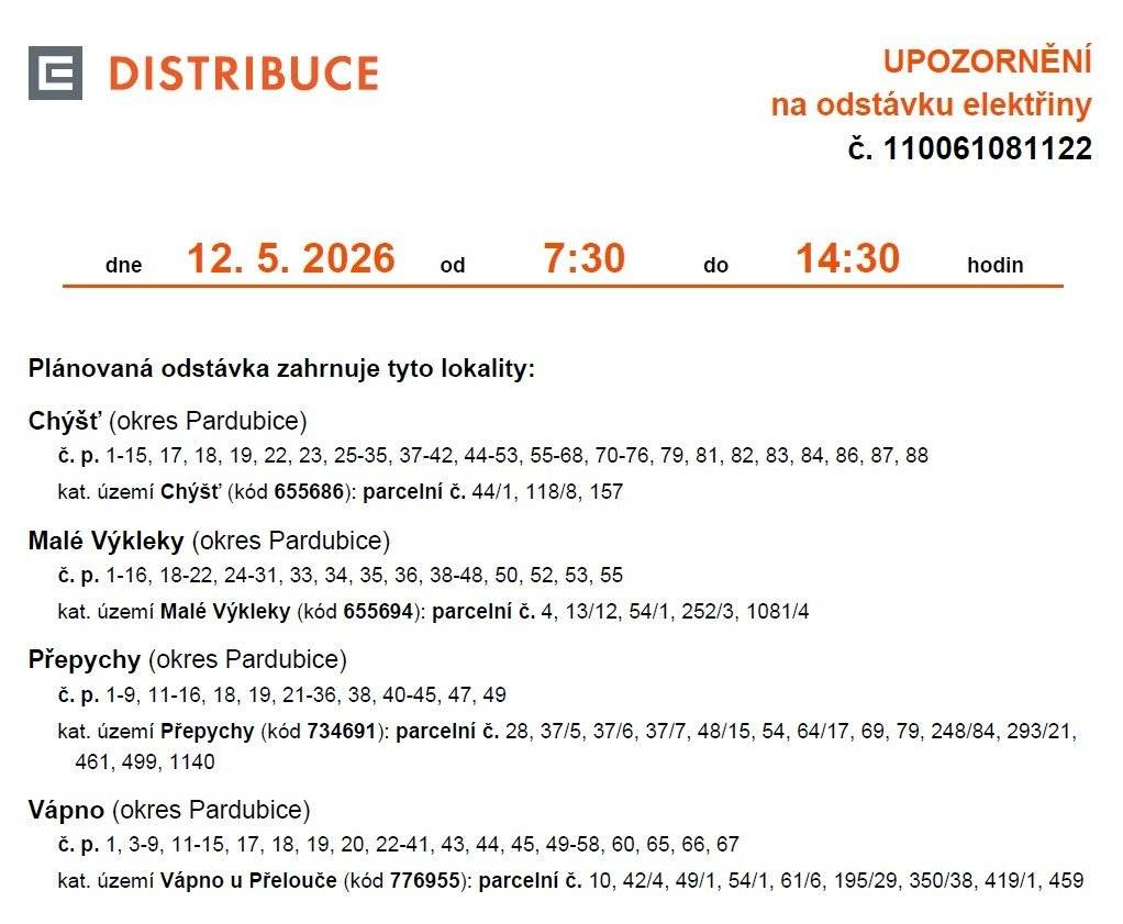 Dobrý den, informace od ČEZ Distribuce:  Dne 12.5. od 07:30 do 14:30 bude v Malých Výklekách odstávka elektřiny.