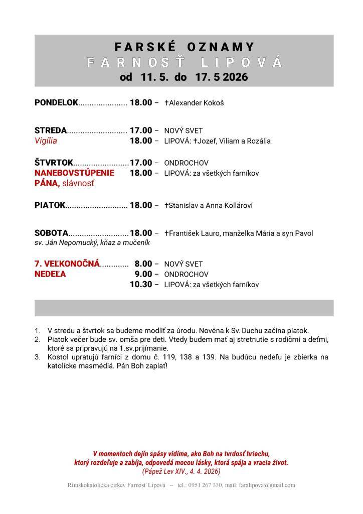Poriadok bohoslužieb od 11.05. do 17.05.2026