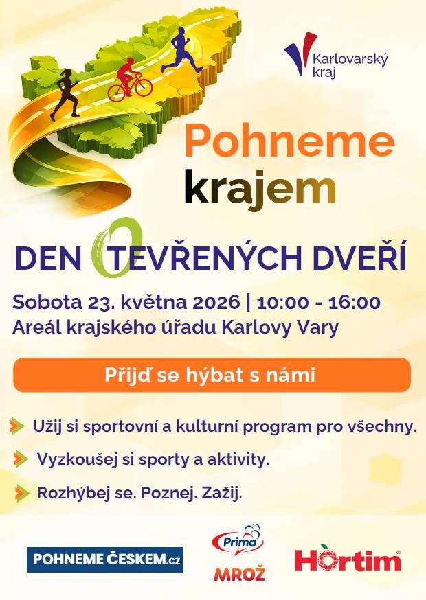 Krajský úřad Karlovarského kraje zve širokou veřejnost na Den otevřených dveří s podtitulem „Pohneme krajem“, který se koná 23. května 2026 v areálu krajských institucí. Od 10 do 16 hodin si návštěvníci mohou užít bohatý program zaměřený na zdravý životní styl a aktivní trávení volného času. Akce na