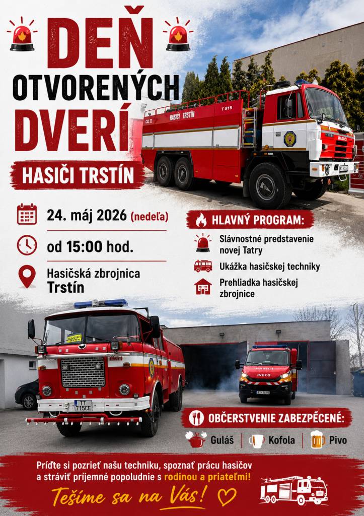 Hasičská zbrojnica Trstín  nedeľa 24.5.2026 o 15:00 hod