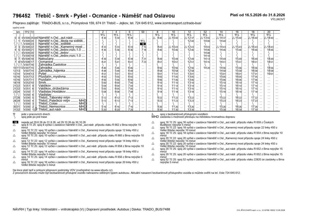 Výlukový jízdní řád linky 796452, který bude platný od 16.05.2026 do 31.08.2026 z důvodu uzavírky v obci Zahrádka a průtah obcí Častotice.