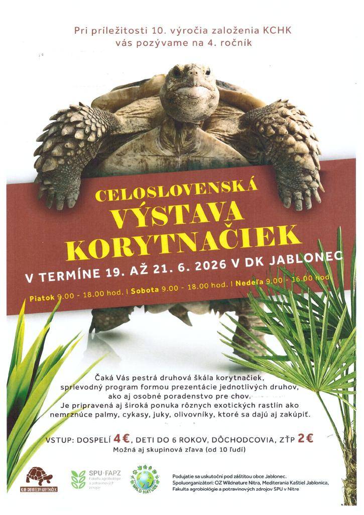 Pozývame Vás na výstavu korytnačiek, ktorá sa bude konať od 19. do 21.júna 2026 v kultúrnom dome v Jablonci. Bližšie informácie na plagáte.