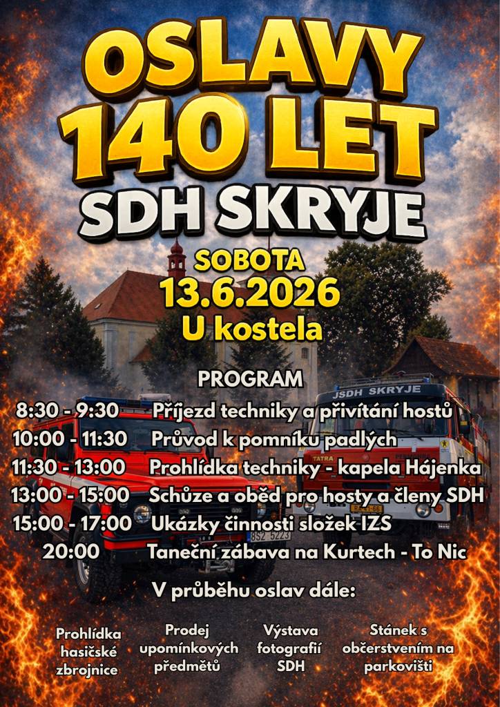 Obec Skryje Vás srdečně zve na oslavy 140 let SDH, celodenní program pro děti i dospělé