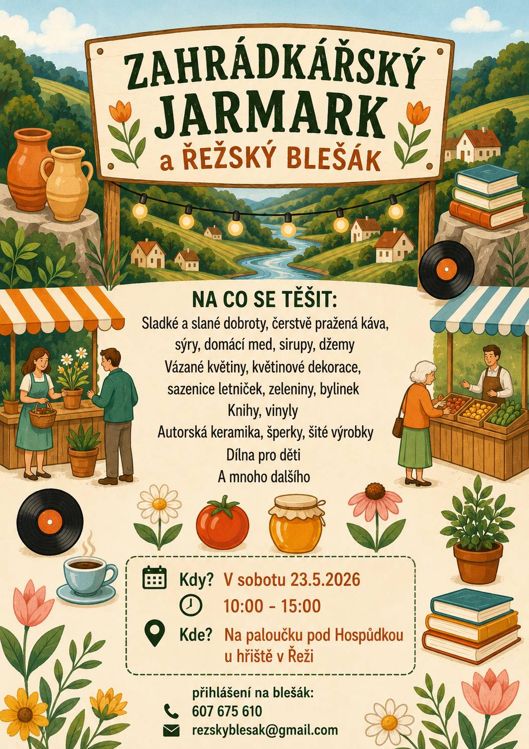 Zveme vás na "ZAHRÁDKÁŘSKÝ JARMARK A ŘEŽSKÝ BLEŠÁK", který proběhne dne 23.5.2026 od 10:00h na louce pod Hospůdkou u hřiště. tým OÚ