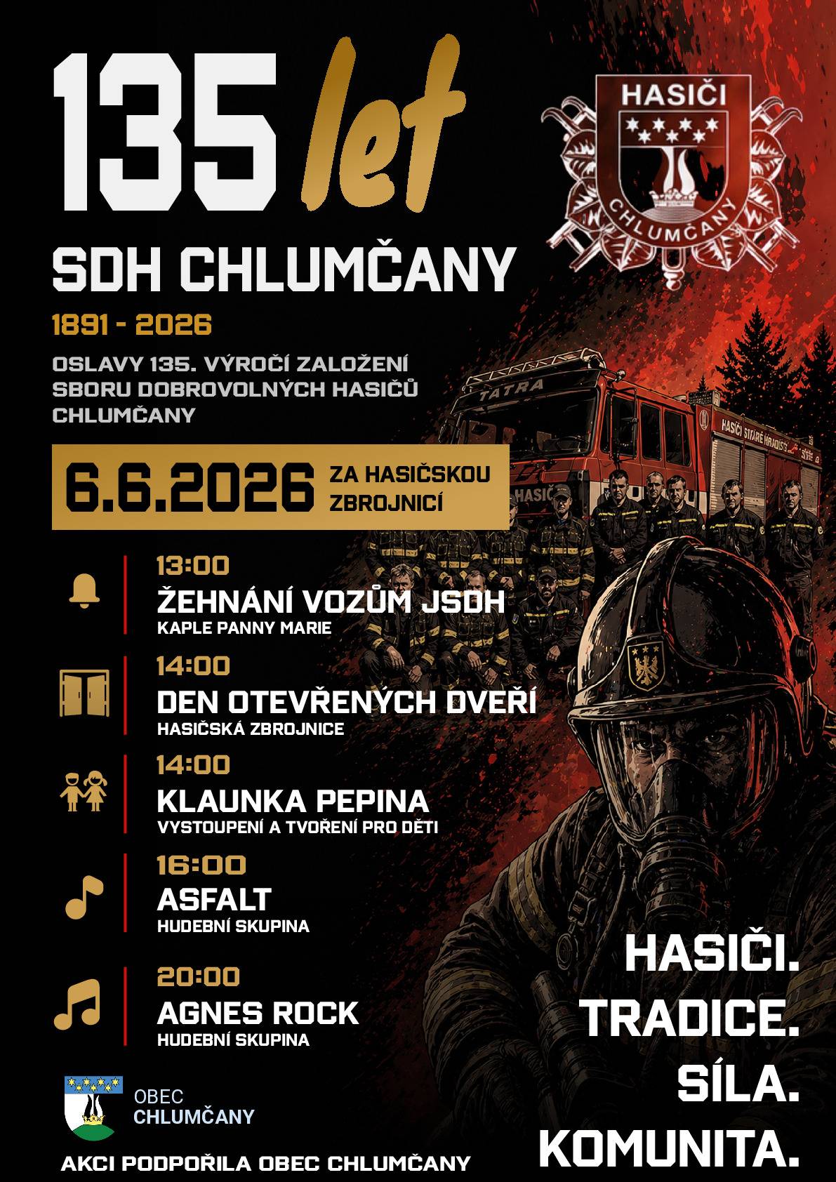 Sbor dobrovolných hasičů Chlumčany zve na oslavy 135. výročí založení sboru dne 6.6.2026 za hasičskou zbrojnicí v Chlumčanech.