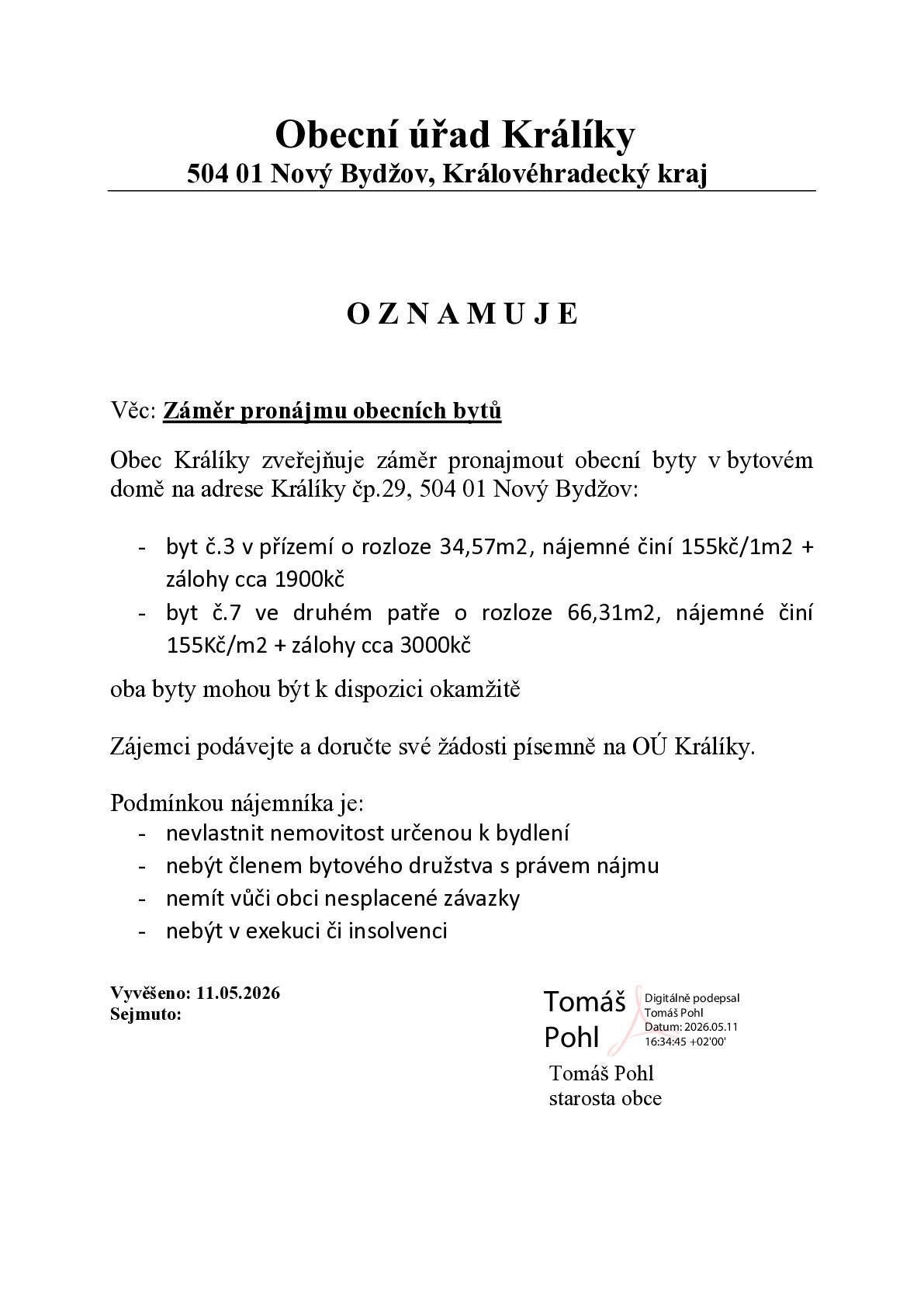 pronájem obecních bytů v obci Králíky