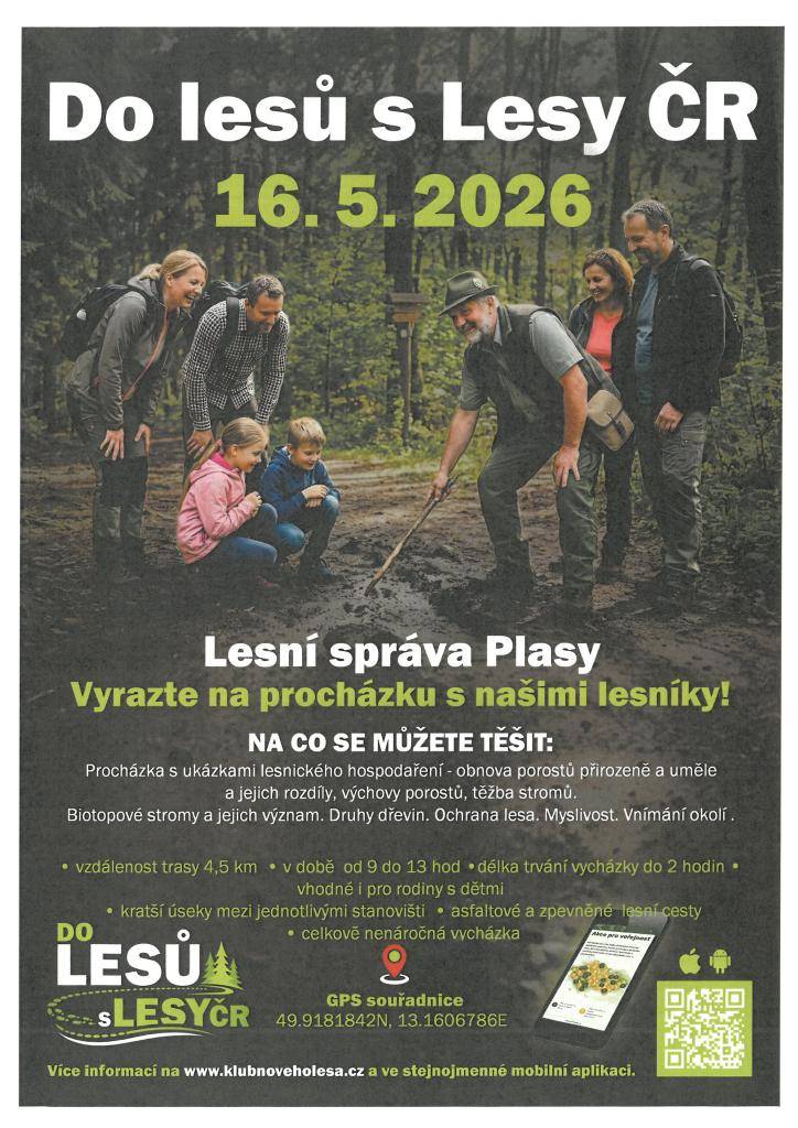 Zveme vás na procházku s našimi lesníky, která se uskuteční 16. května 2026. Během této akce se dozvíte o lesnickém hospodaření, různých druzích dřevin a ochraně lesa. Vycházka, dlouhá 4,5 km, bude probíhat od 9 do 13 hodin a je vhodná i pro rodiny. Celkově jde o nenáročnou trasu s kratšími úseky na