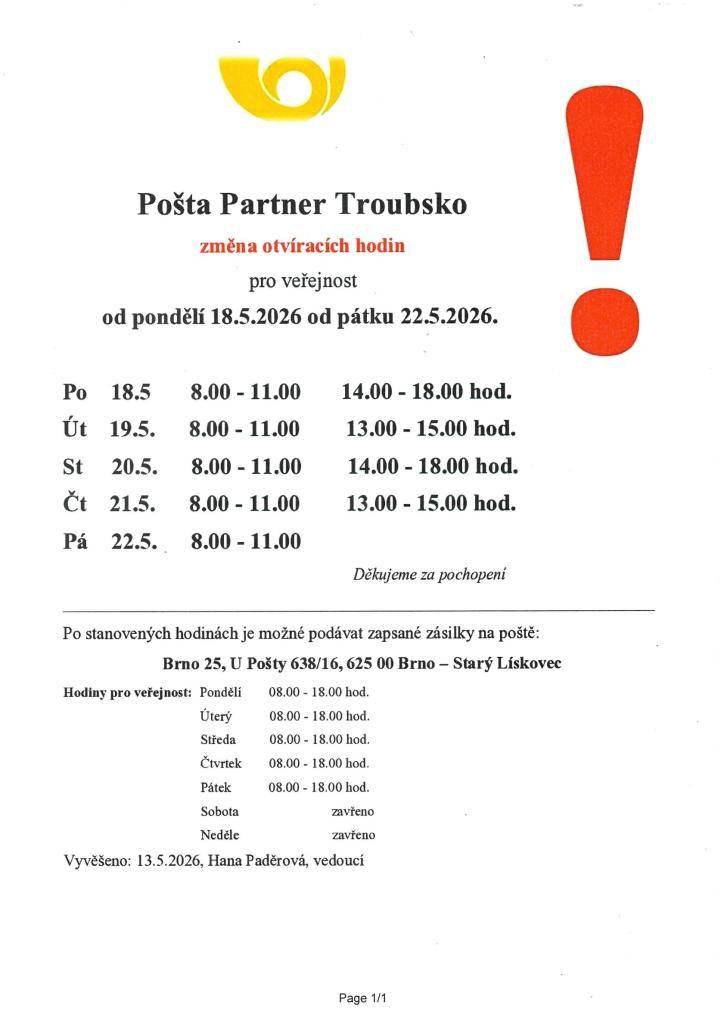 Pošta Troubsko -změna otevírací doby