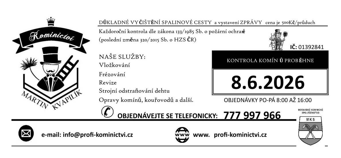 V rámci každoroční kontroly spalinových cest nabízíme důkladné vyčištění a vystavení zprávy v souladu se zákonem 133/1985 Sb. Cena za vyčištění je 500 Kč za průduch. Naše služby zahrnují také vložkování, frézování, strojní odstraňování dehtu a opravy komínů a kouřovodů.