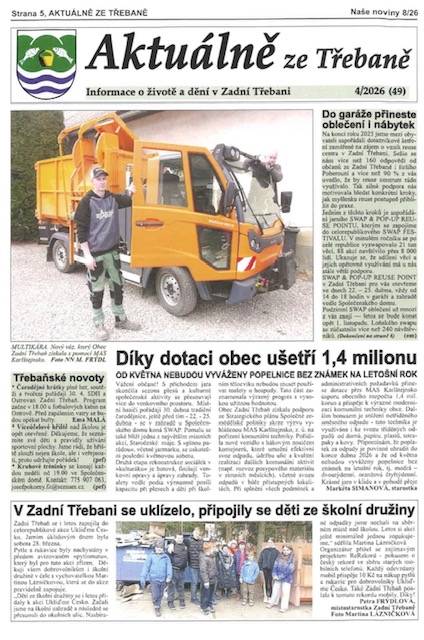 Obec Zadní Třebaň získala podporu ze Strategického plánu Společné zemědělské politiky