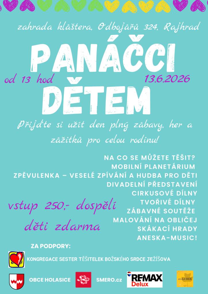 13.6.2026 od 13:00 - zahrada kláštera, Odbojářů 324, Rajhrad  přijďte si užít den plný zábavy, her a zážitků pro celou rodinu!