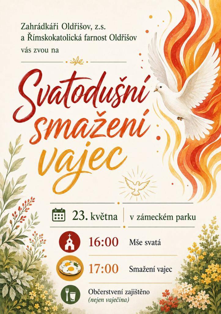 Zahrádkáři Oldřišov, z.s. a Římskokatolická farnost Oldřišov vás zvou na Svatodušní smažení vajec v Zámeckém parku v Oldřišově v sobotu 23. května 2026.