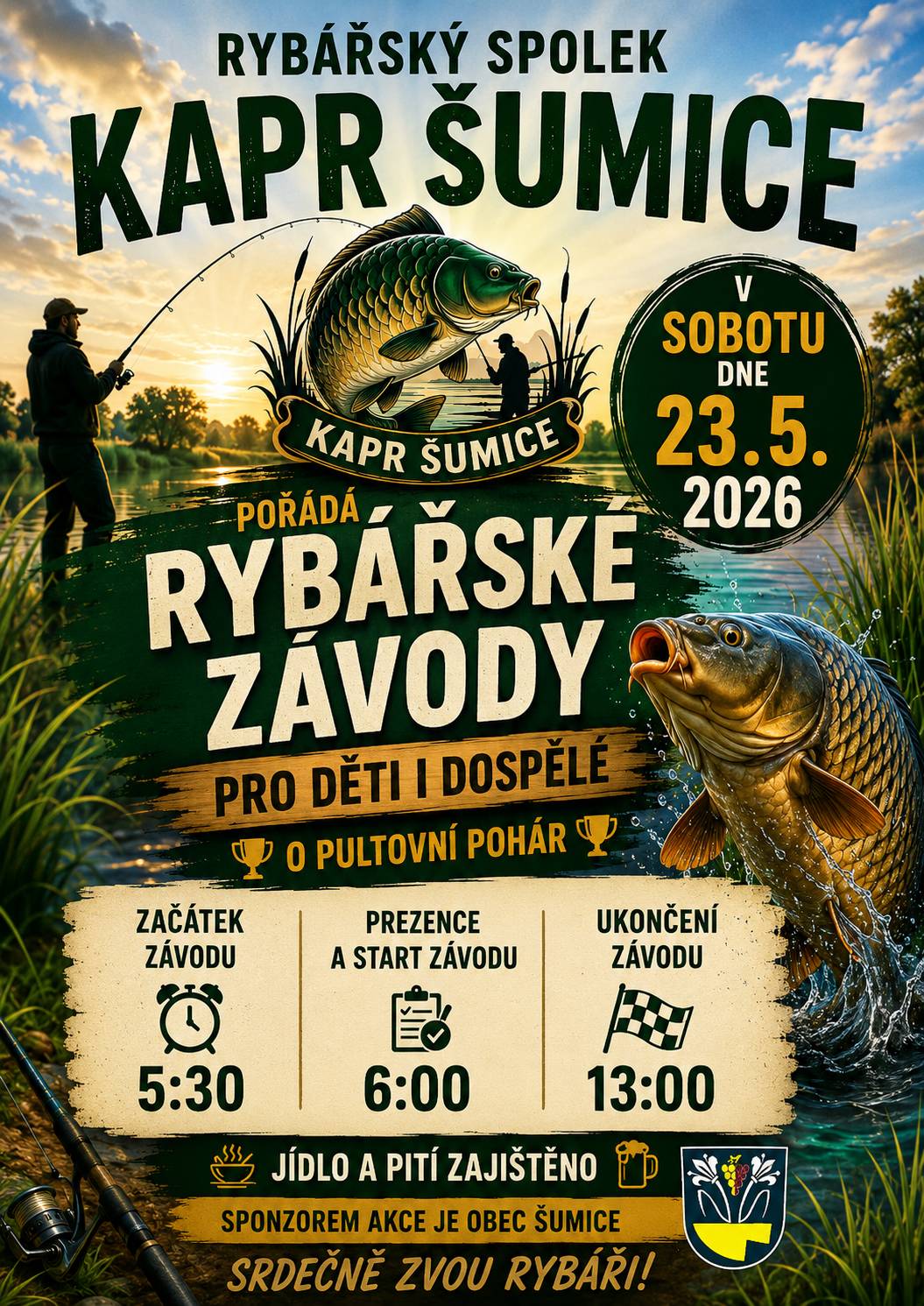 Rybářský spolek Kapr Šumice srdečně zve všechny malé i velké rybáře na tradiční rybářské závody o putovní pohár! 🏆 📅 Sobota 23. 5. 2026 📍 závody pro děti i dospělé ⏰ 5:30 – začátek závodu ⏰ 6:00 – prezence a start závodu ⏰ 13:00 – ukončení závodu 🍺🍴 Jídlo a pití zajištěno 🎣 Přijďte si užít skvělý den plný rybaření, pohody a soutěžní atmosféry! 🤝 Sponzorem akce je obec Šumice. Těší se na vás rybáři z Kapr Šumice! 🐠