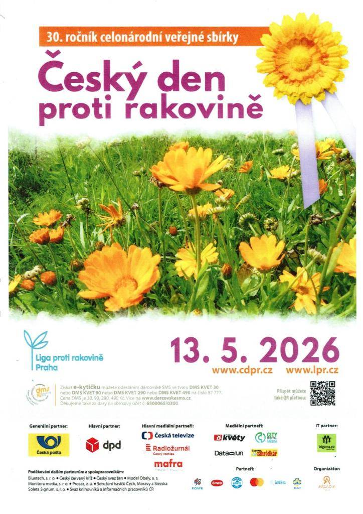 Ve středu 13. května proběhne celonárodní sbírka Český den proti rakovině. V Miloticích bude chodit dobrovolnice, která se prokáže průkazem Ligy proti rakovině.