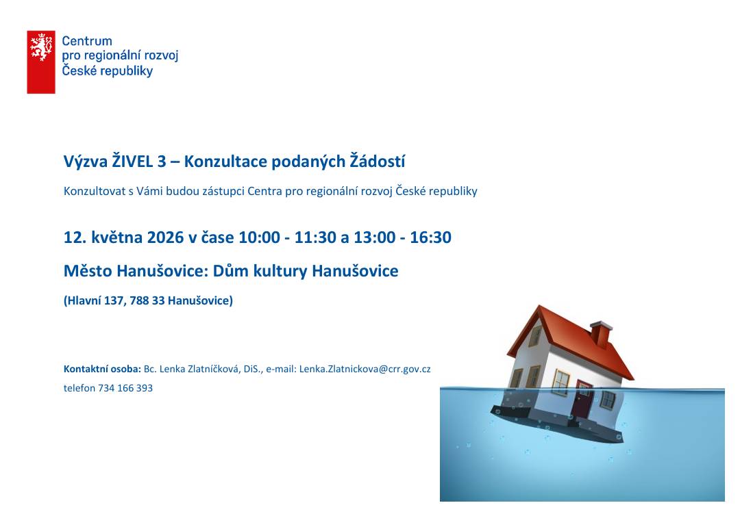 Vážení a milí spoluobčané,   dnes od 10 - 11:30 a 13 - 16:30 probíhají v KD Hanušovice individuální konzultace k programu ŽIVEL 3, které budou zaměřeny na konzultace podaných Žádostí, výzvy k doplnění, přípravu Smlouvy, závěrečné vyhodnocení akce.   Konzultovat s Vámi budou pracovníci Centra pro regionální rozvoj České republiky. Individuální konzultace budou probíhat i v dalších obcích na Jesenicku a Šumpersku.