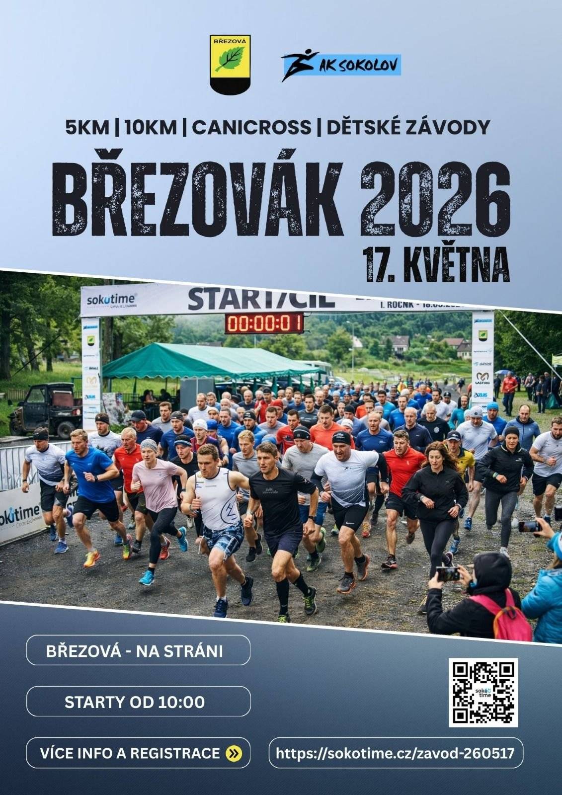 AK Sokolov ve spolupráci s městem Březová srdečně zve všechny sportovní nadšence na běžecký závod Březovák 2026, který se uskuteční v neděli 17. května 2026 na Výsluní v Březové u Sokolova. Starty jednotlivých kategorií proběhnou od 10:00 hodin. Přijďte si zasportovat, podpořit závodníky a užít si den plný pohybu a skvělé atmosféry. Více informací viz plakát níže: