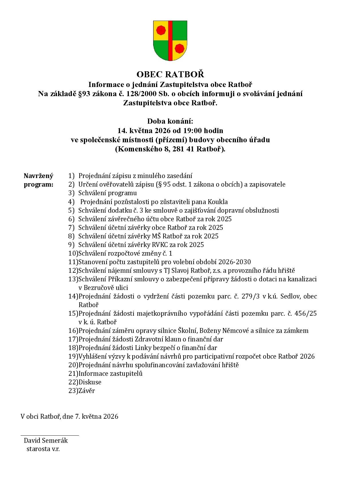 ZO Ratboř dne 14. 05. 2026 od 19:00 hod.