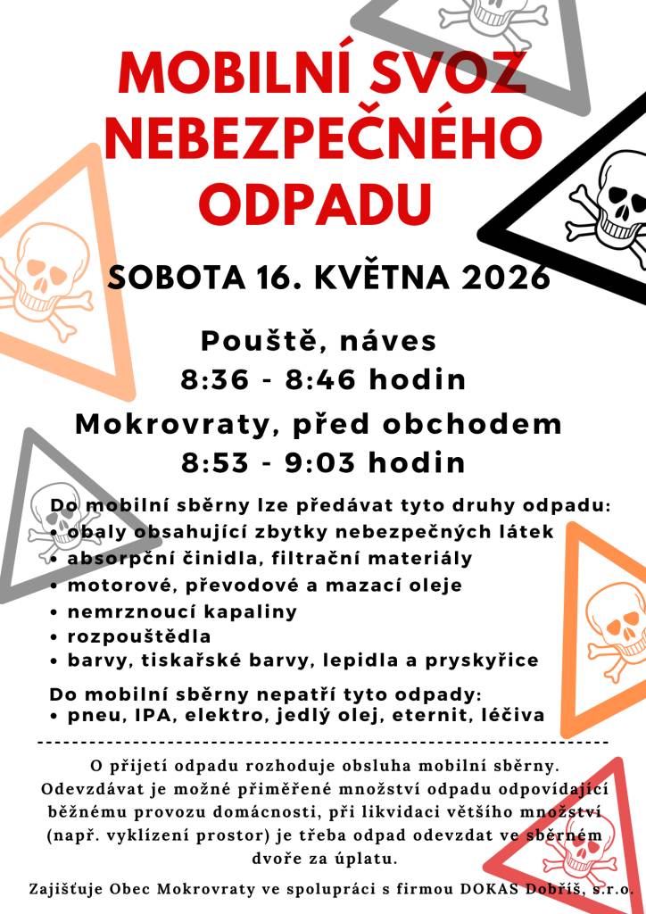 V sobotu 16. května 2026 proběhne mobilní sběr nebezpečného odpadu.