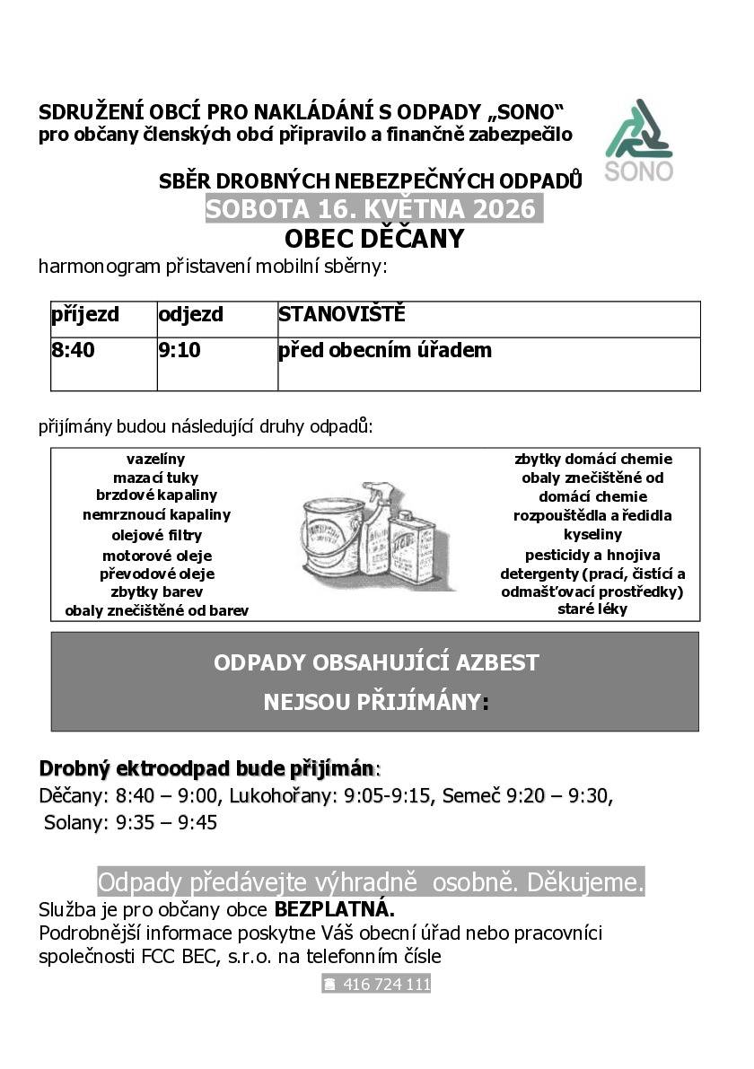 V sobotu 16. května 2026 proběhne v naších obcích svoz drobného nebezpečného odpadu a elektroodpadu.