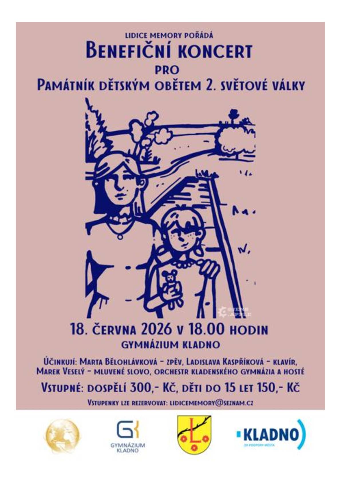 Lidice Memory srdečně zve na benefiční koncert pro Památník děským obětem 2. světové války. Přijďte 18. června 2026 od 18:00 hod. do Gymnázia Kladno podpořit dobrou věc a prožít večer plný hudby, emocí a vzpomínek. Výtěžek ze vstupného poputuje na podporu památky dětských obětí války.