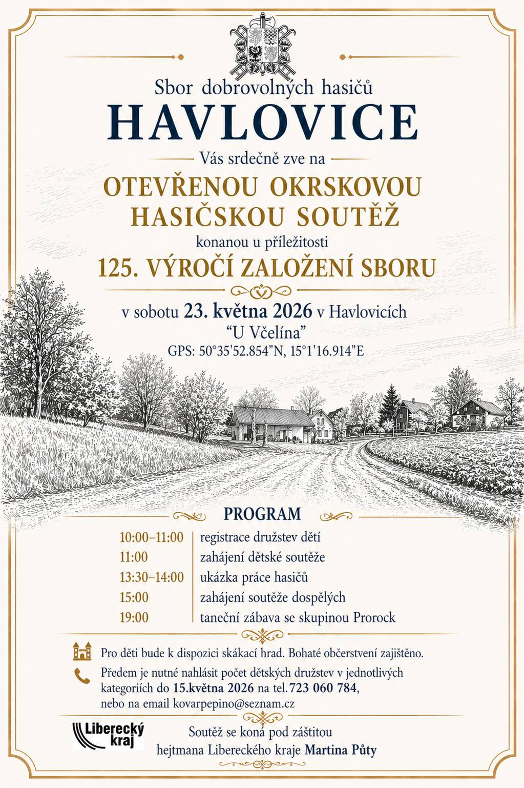 SDH Havlovice Vás srdečně zve na otevřenou okrskovou hasičskou soutěž, která se koná u příležitosti 125. výročí založení sboru. Akce se koná v sobotu 23. května 2026 od 10:00 "U Včelína" v Havlovicích. Po skončení soutěže se bude konat taneční zábava se skupinou Prorock. Organizátoři akce zdvořile žádají místní kuchařky a cukrářky o příspěvek ve formě například zákusků či sladkého pečiva na tuto hasičskou soutěž. Vaše cukrářské výrobky můžete přinést v sobotu 23. května v době od 8 do 9 hodin přímo do areálu Včelína. Všem přispěvatelům předem děkujeme! Tým SDH Havlovice