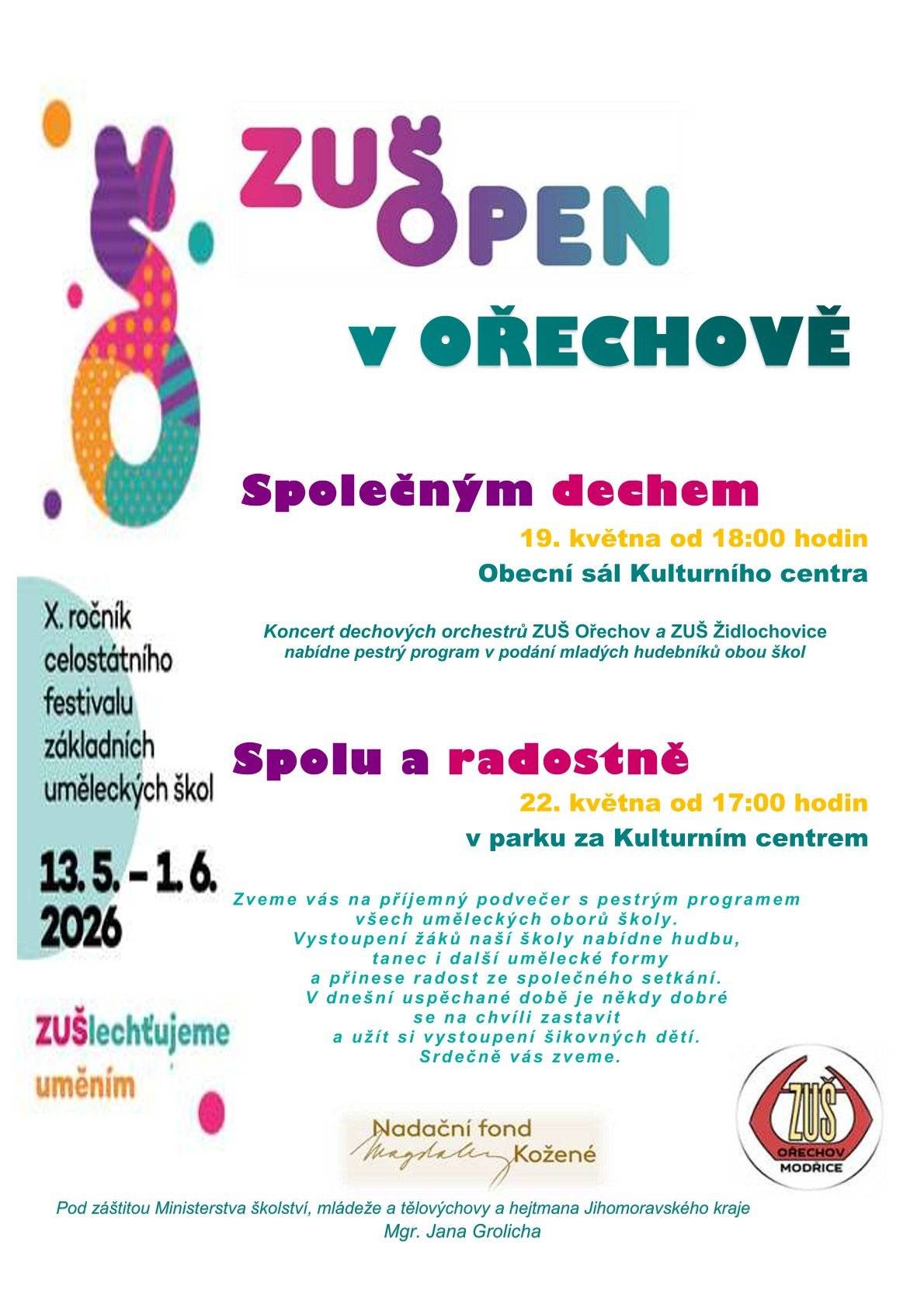 Pozvánka na ZUŠ Open – Festival Základních uměleckých škol v Ořechově.