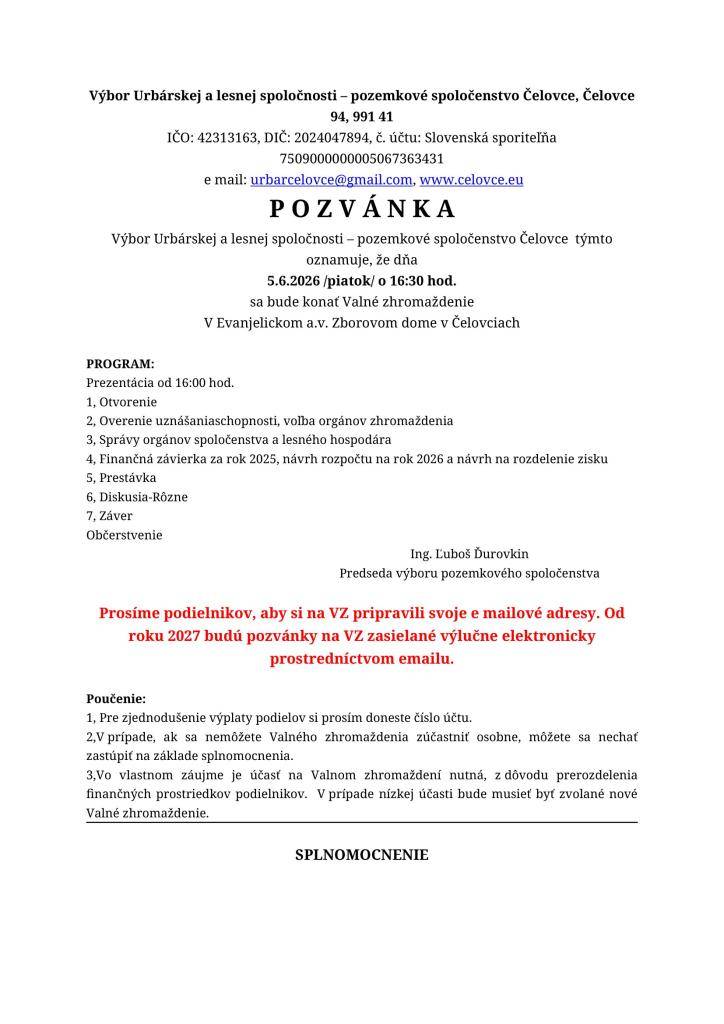 Pozvánka Urbár Čelovce 5.6.2026