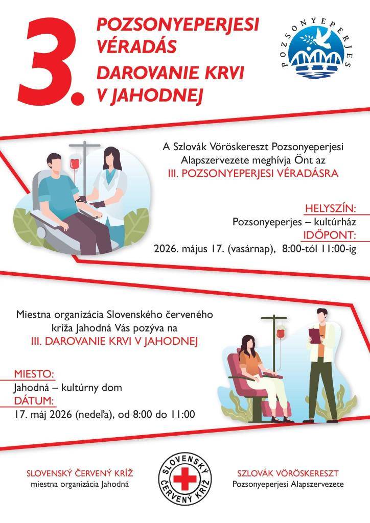 Miestna organizácia SČK organizuje 3. darovanie krvi v Jahodnej, ktoré bude v kultúrnom dome 17. mája 2026 od 8:00 do 11:00 hod./  A Szlovák Vöröskereszt ASz véradást szervez Pozsonyeperjesen, mely 2026. május 17-én lesz 8:00-tól 11:00 óráig a kultúrházban.