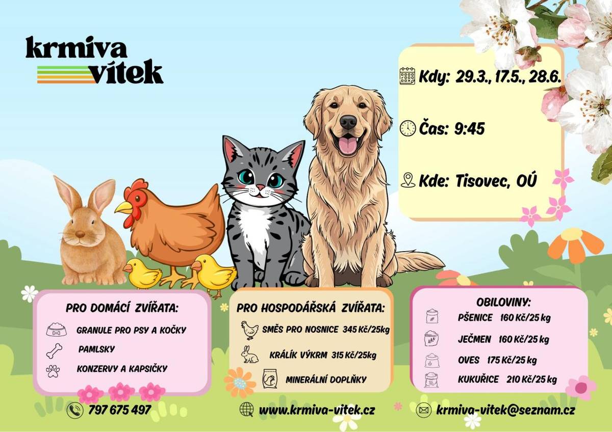 Firma Vítek se chystá prodat krmiva pro domácí a hospodářská zvířata. V nabídce budou králík výkrm, kvalitní krmná směs pro nosnice značky Bocus a kapsičky pro kočky. Prodej začne v neděli 17. května 2026 v 9:45 před Obecním úřadem ve Dřeveši.