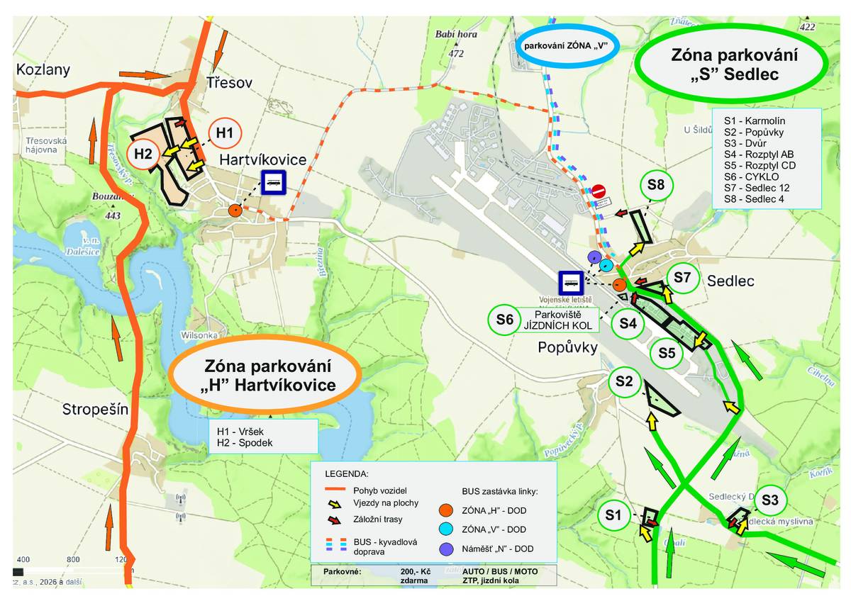 Základní informace Zóna Hartvíkovice: Vhodné pro příjezd ze směru Třebíč (49,177223°N; 016,083445°E) Každá ze tří zón má minimální kapacitu 4.500 vozidel. V rámci těchto zón bude fungovat parkovací a regulační služba, která vás navede na jednotlivá parkoviště. Předem děkujeme, že budete respektovat pokyny našeho personálu. Ze zón Vícenice a Hartvíkovice (v Hartvíkovicích využití autobusové zastávky) je zajištěna autobusová kyvadlová doprava. Celkem je vyčleněno více jak 30 autobusů.