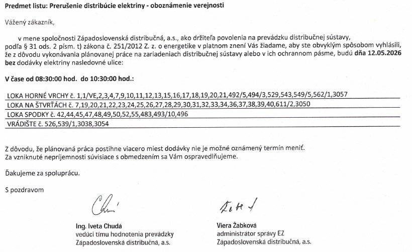 Dobrý deň,  pripomíname zajtra bude prerušená distribúcia elektriny vo vinohradoch