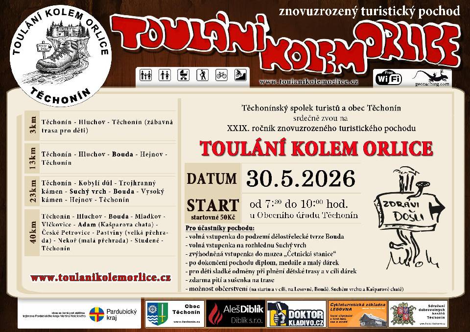Toulání kolem Orlice datum: 30.5.2026 start: 7:30 - 10:00 hod u Obecního úřadu Těchonín startovné: 50,- Kč