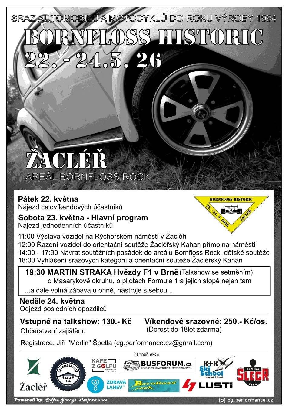 Přijměte pozvání na sraz automobilů a motocyklů Bornfloss historic ve dnech 22. až 24.5. v areálu Bornfloss rock v ul. Hasičská.