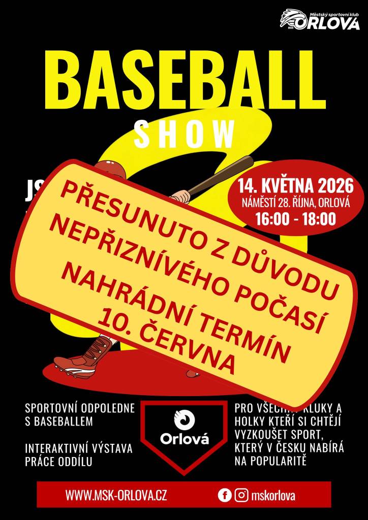 Z důvodu nepříznivé předpovědi počasí se plánovaná Baseball Show přesouvá ze čtvrtku 14. května na středu 10. června. „Naším cílem je, aby si všichni návštěvníci mohli akci naplno užít v příjemné a bezpečné atmosféře, ale aktuální podmínky nám to bohužel neumožňují. O novém termínu vás budeme včas informovat prostřednictvím naš...