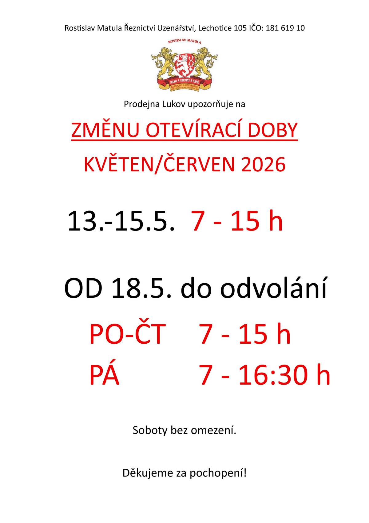 ZMĚNA OTEVÍRACÍ DOBY